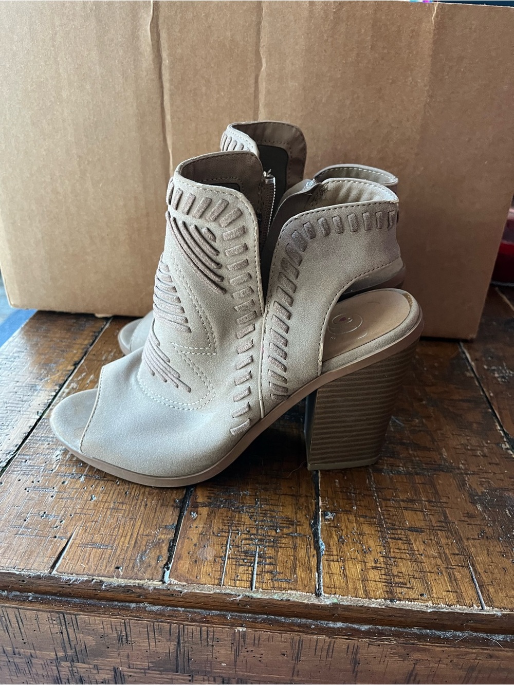Open-Toe Cutout Block Heel Booties in Taupe